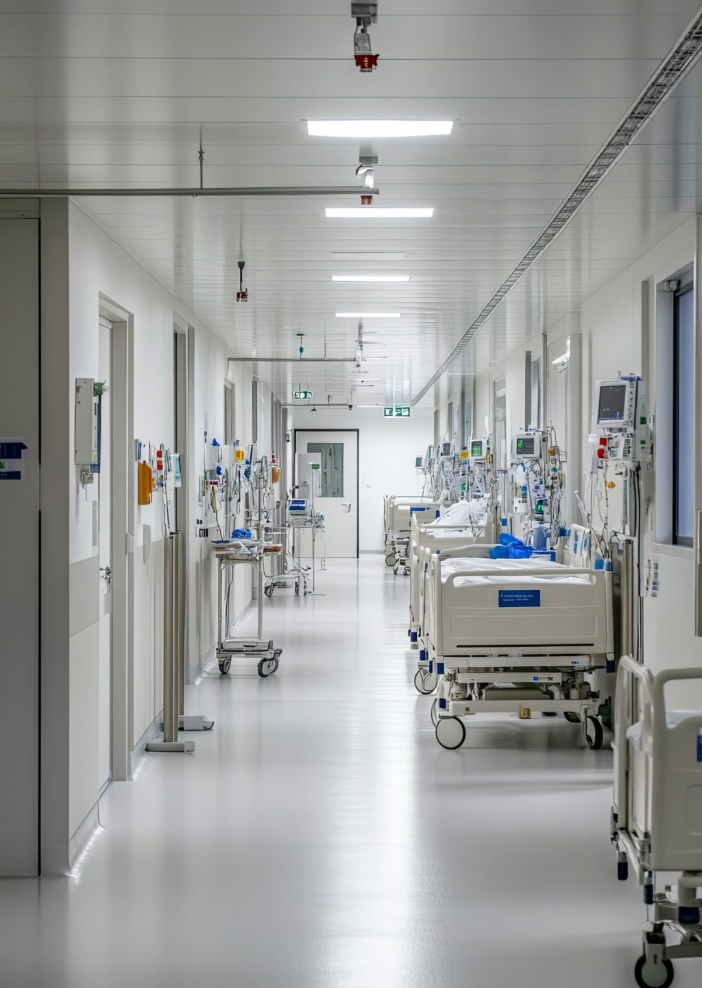 A sterile, white hospital corridor with multiple beds and medical equipment on wheels.